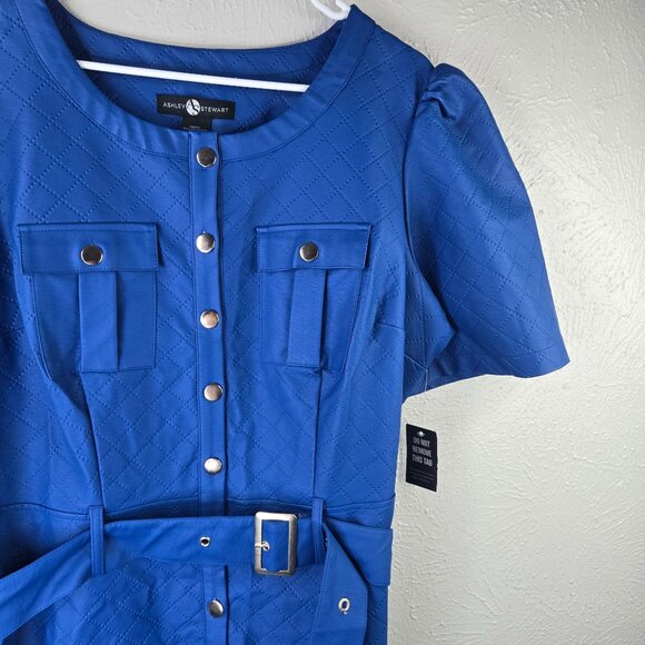 Ashley Stewart Faux Leather Midi Dress Royal Blue Button Down Belted Edgy Retro - Picture 10 of 13